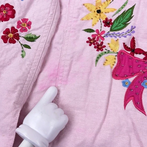 Vintage Quacker Factory Jacket Women Large Pink Embroidered Flower Linen Boho - Picture 9 of 16